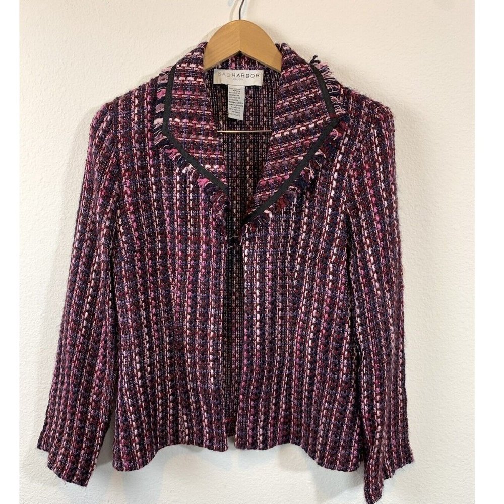 Sag Harbor Tweed Jacket Blazer Bolero Size 10 Pink Fringed Collared Long Sleeve